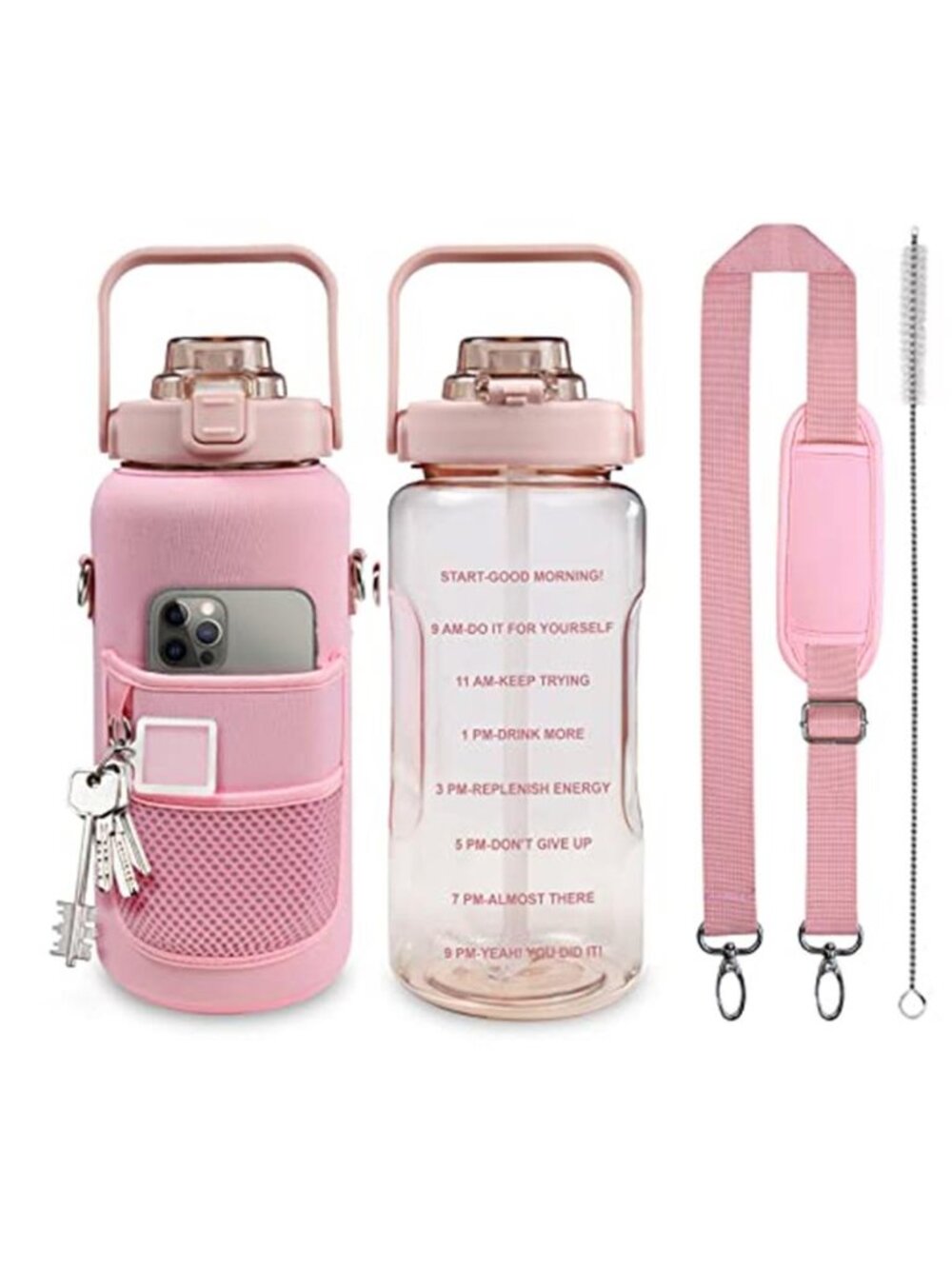 64OZ Motivational Water Bottle with Sleeve,Straw,Time Marker, BPA Free Leakproof